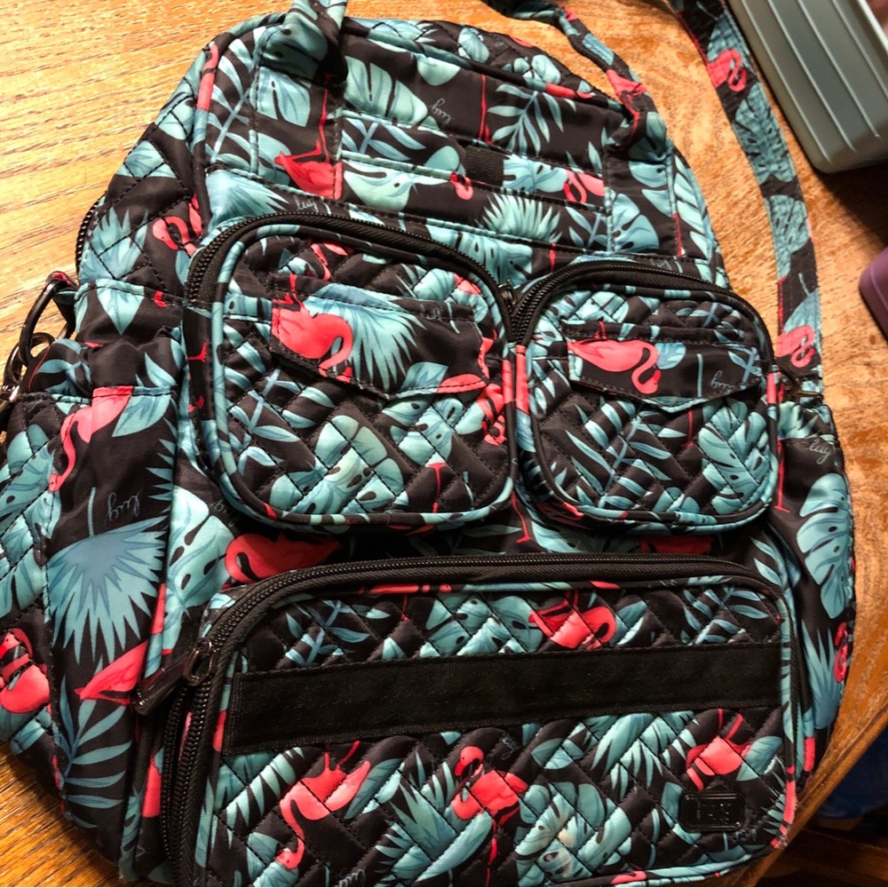 Juicy Couture Black Quilted Backpack with Pink Flamingo & Teal Leaf Print